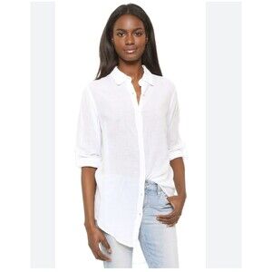 Sundry Button Up Tunic Shirt  Womens Size 2 White Sheer Cotton Long Sleeve FLAW